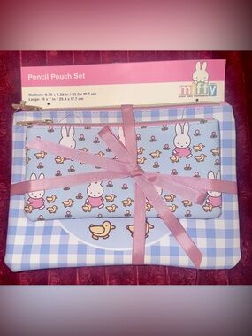 miffy Light Blue Bunny & Duck Pencil Pouch Set with Pink Ribbon